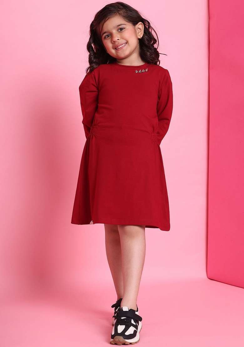 Red Solid Cotton Dress For Girls - Indya