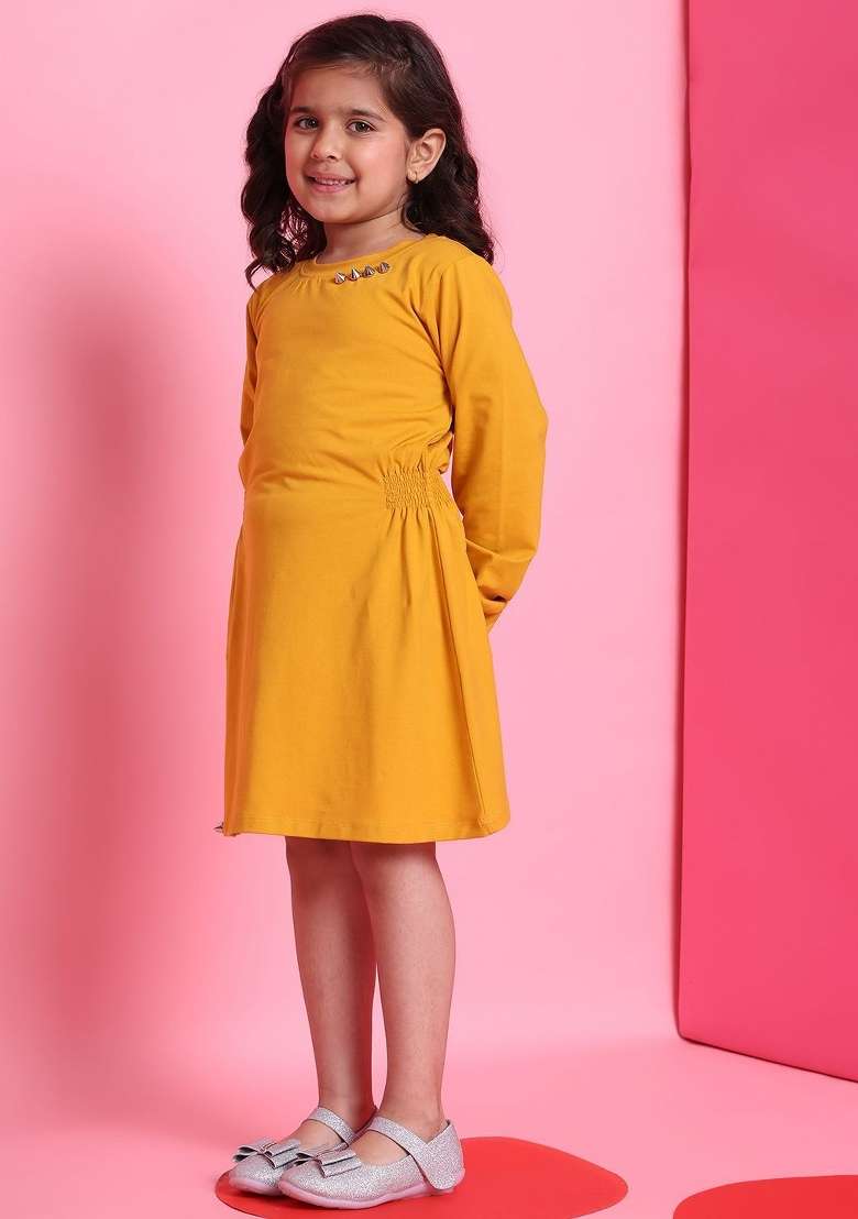 Yellow Solid Cotton Dress For Girls - Indya