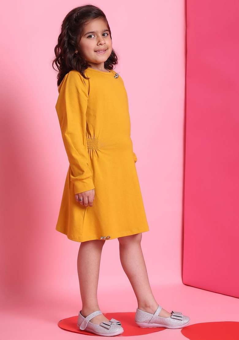Yellow Solid Cotton Dress For Girls - Indya