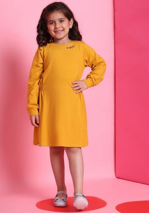 Yellow Solid Cotton Dress For Girls