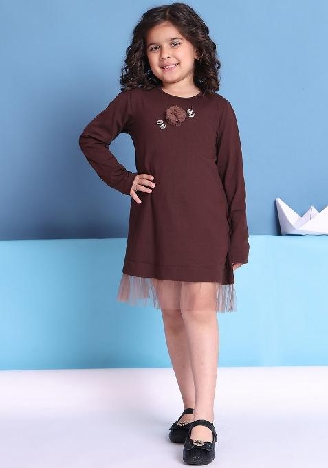 Brown Solid Cotton Dress For Girls