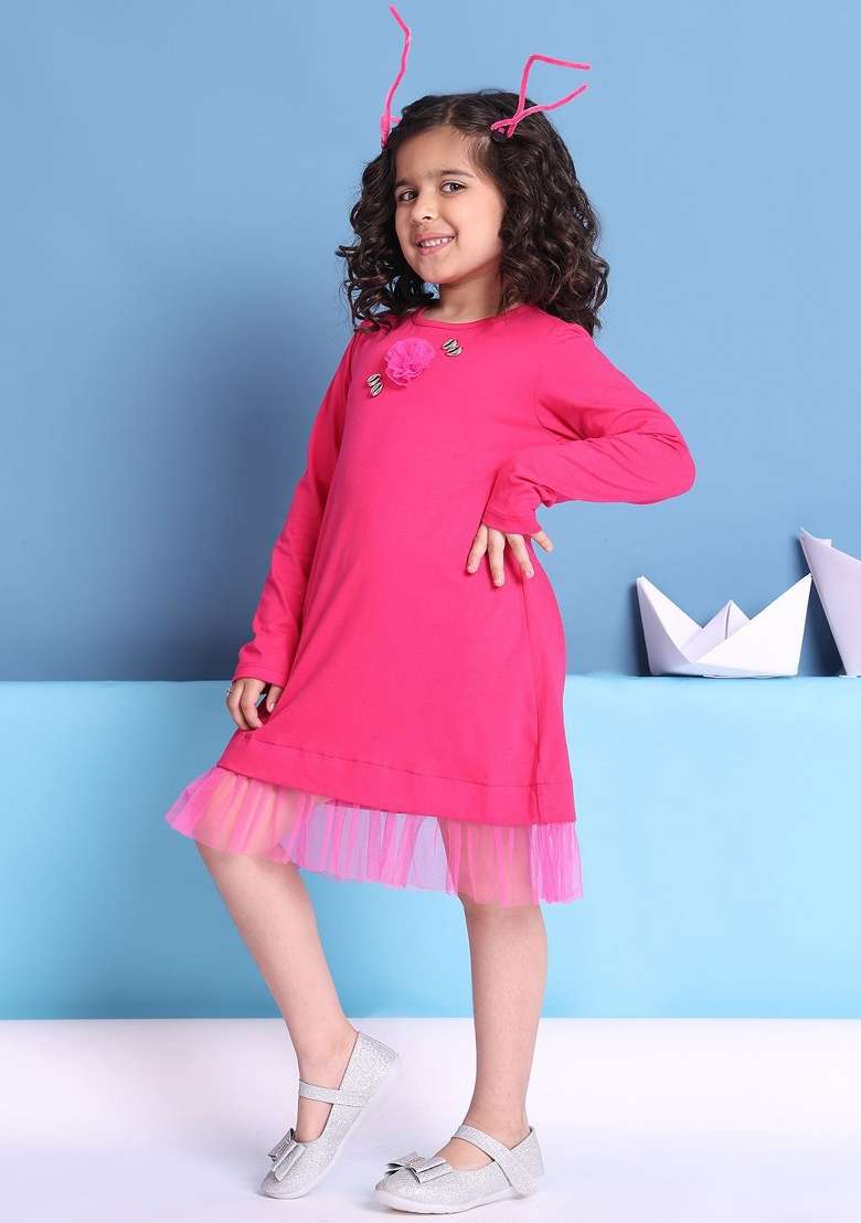 Pink Solid Cotton Dress For Girls - Indya
