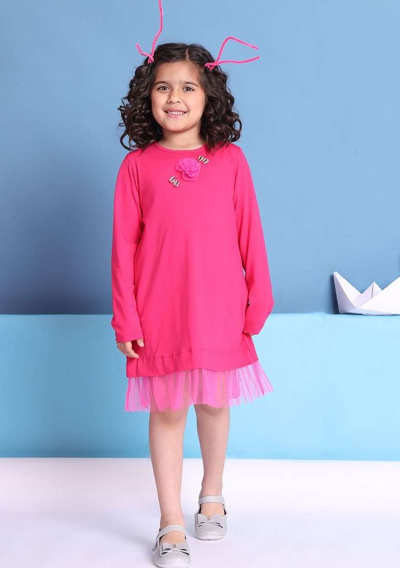 Pink Solid Cotton Dress For Girls - Indya