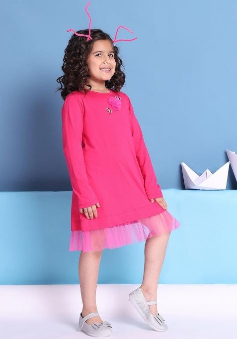 Pink Solid Cotton Dress For Girls
