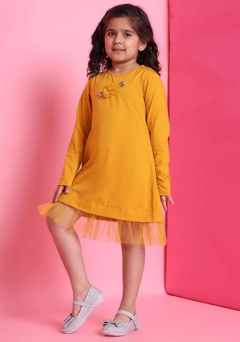 Yellow Solid Cotton Dress For Girls - Indya