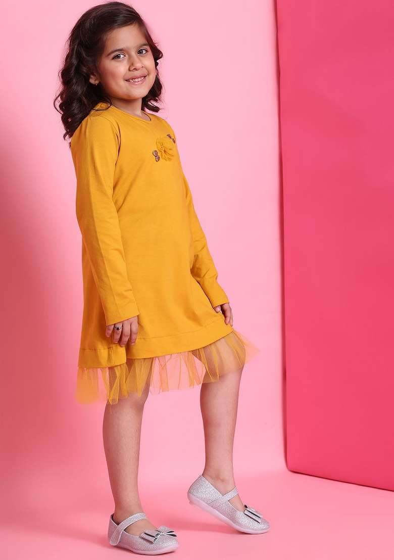 Yellow Solid Cotton Dress For Girls - Indya
