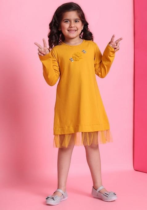 Yellow Solid Cotton Dress For Girls