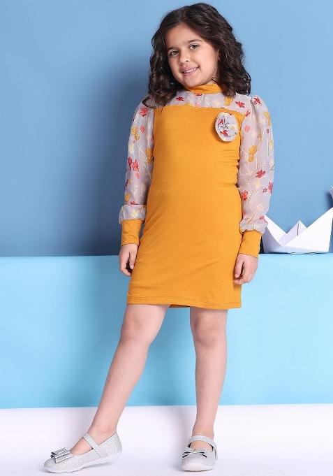 Mustard Printed Viscose Dress For Girls