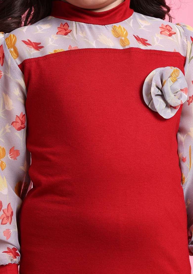 Red Printed Viscose Dress For Girls - Indya