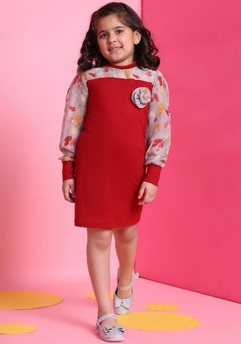 Red Printed Viscose Dress For Girls