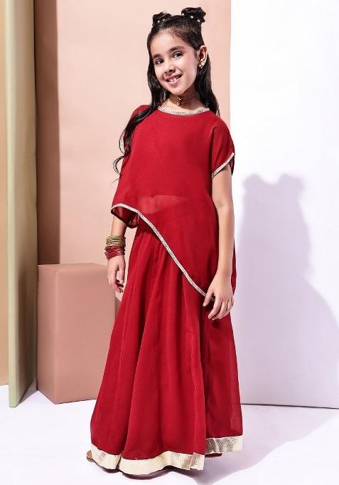 Red Solid Georgette Lehenga Choli For Girls