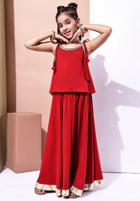 Red Solid Viscose Lehenga Choli For Girls