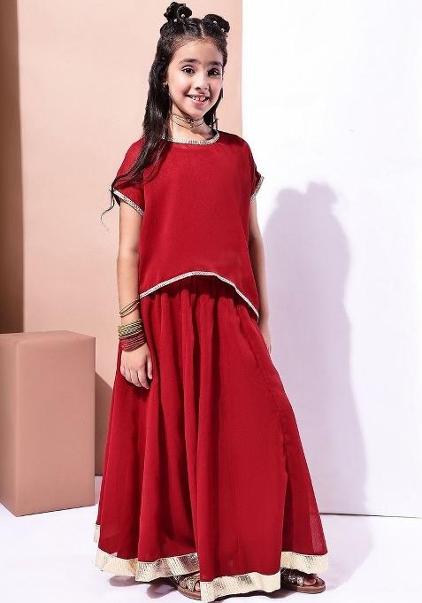 Red Solid Georgette Lehenga Choli For Girls