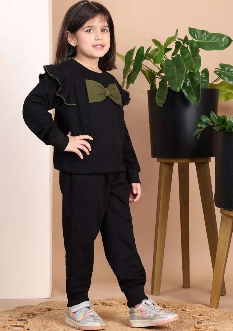 Black Solid Cotton Co Ords Set For Girls - Indya