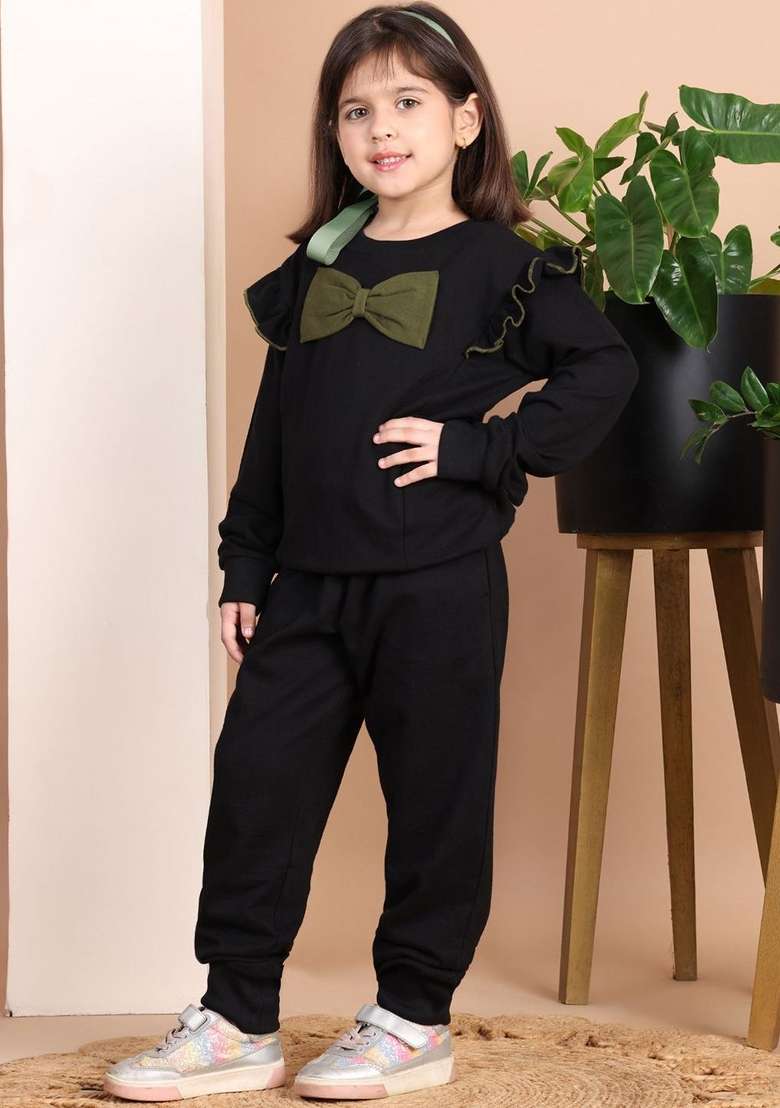 Black Solid Cotton Co Ords Set For Girls - Indya
