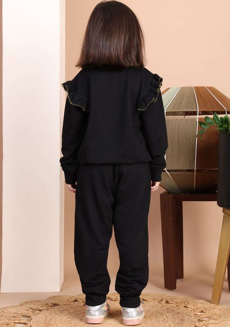Black Solid Cotton Co Ords Set For Girls - Indya
