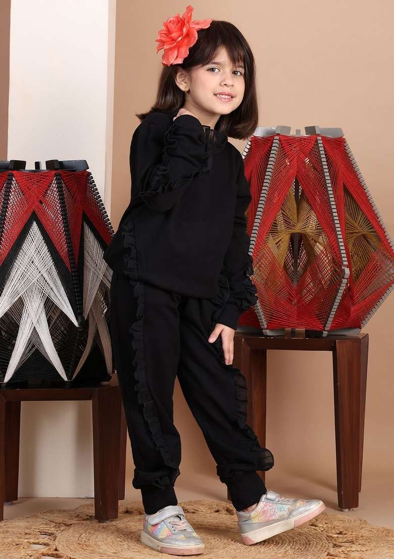 Black Solid Cotton Co Ords Set For Girls - Indya