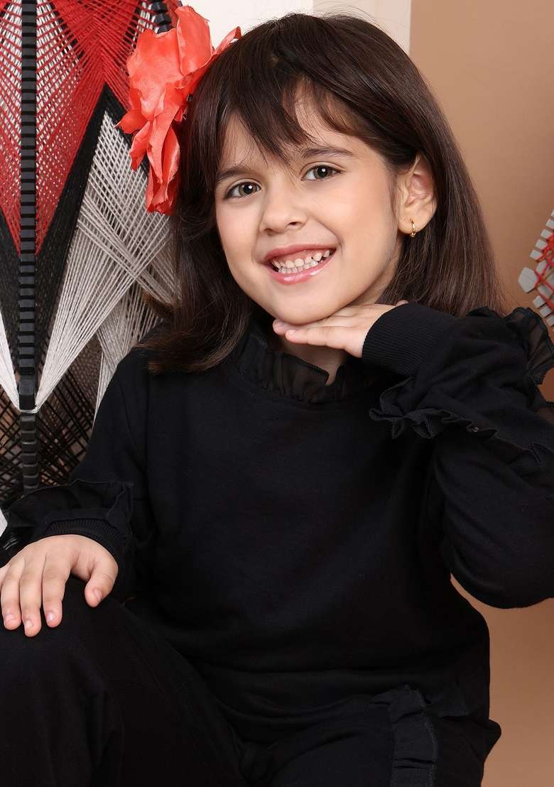 Black Solid Cotton Co Ords Set For Girls - Indya
