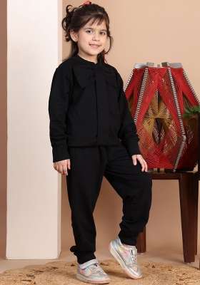 Black Solid Cotton Co Ords Set For Girls