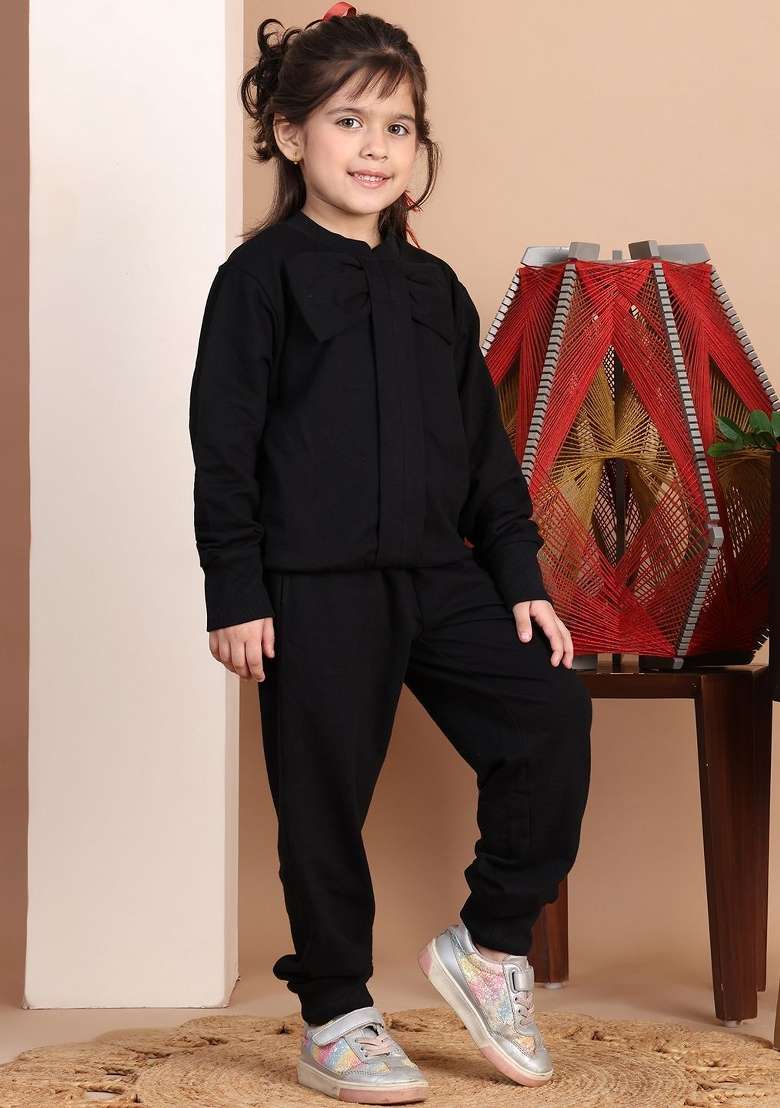 Black Solid Cotton Co Ords Set For Girls - Indya