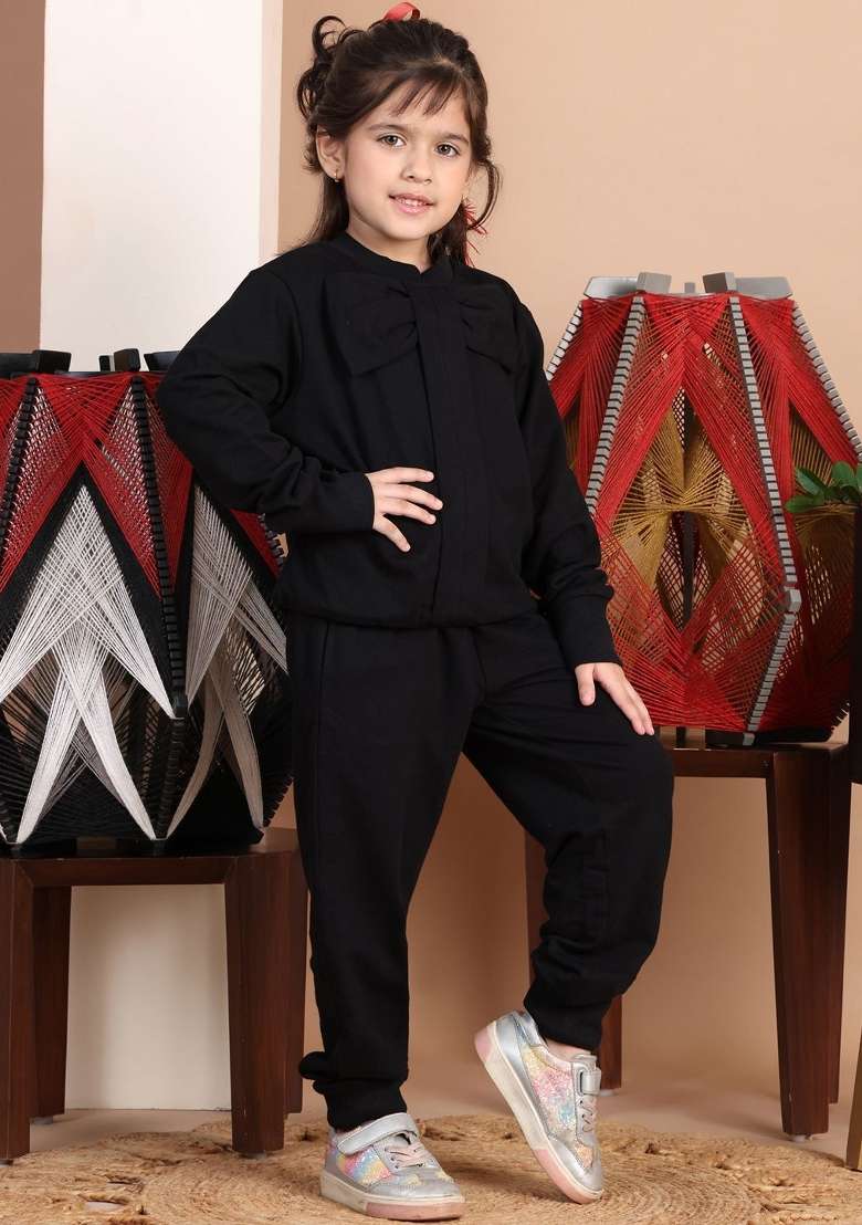 Black Solid Cotton Co Ords Set For Girls - Indya