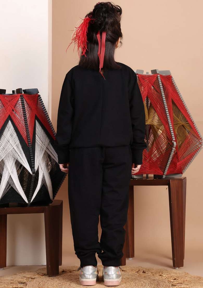 Black Solid Cotton Co Ords Set For Girls - Indya