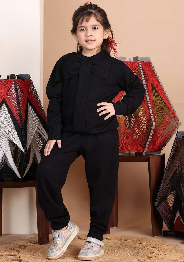 Black Solid Cotton Co Ords Set For Girls - Indya