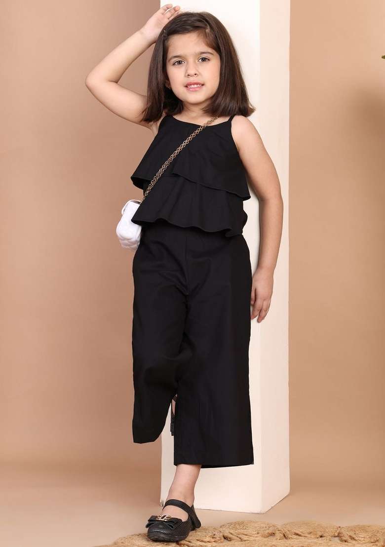 Black Solid Cotton Co Ords Set For Girls - Indya