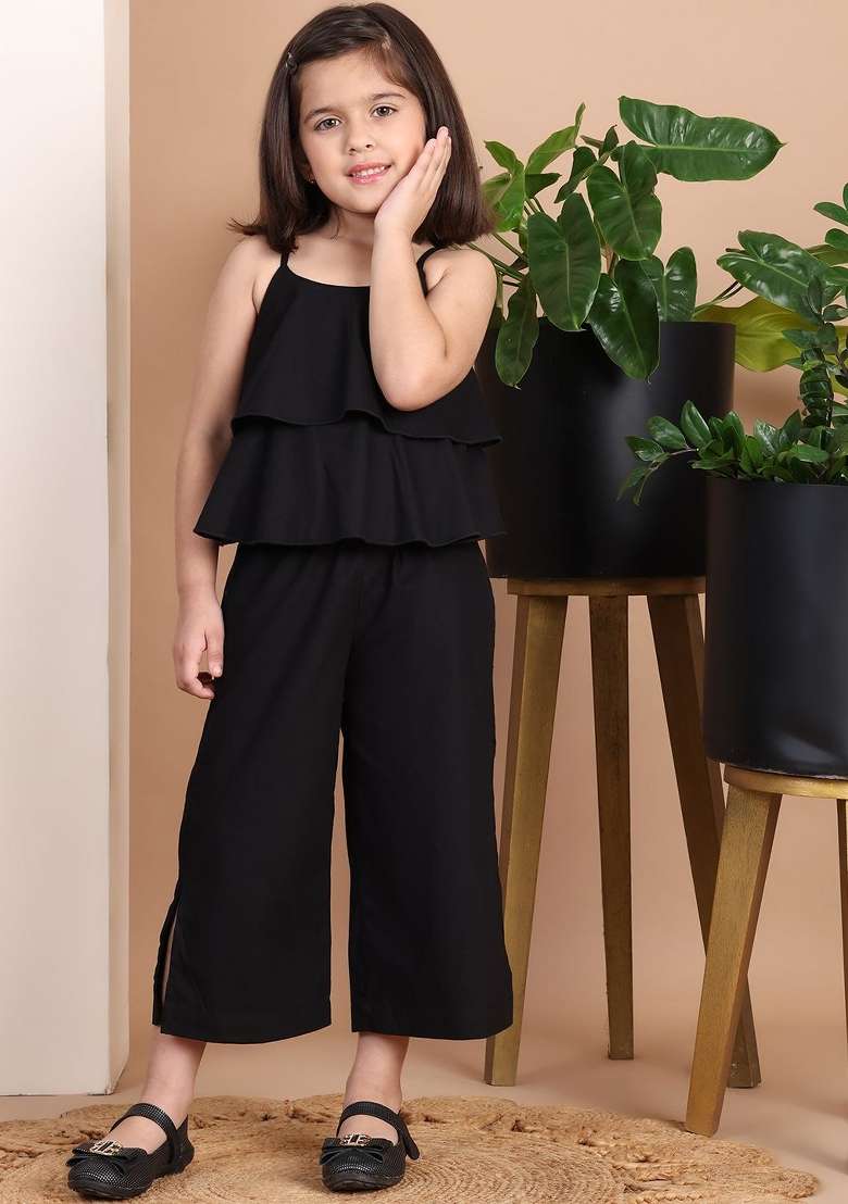 Black Solid Cotton Co Ords Set For Girls - Indya