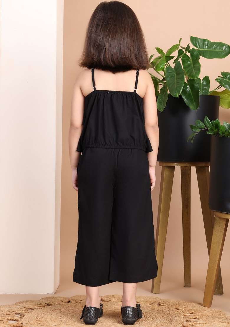 Black Solid Cotton Co Ords Set For Girls - Indya