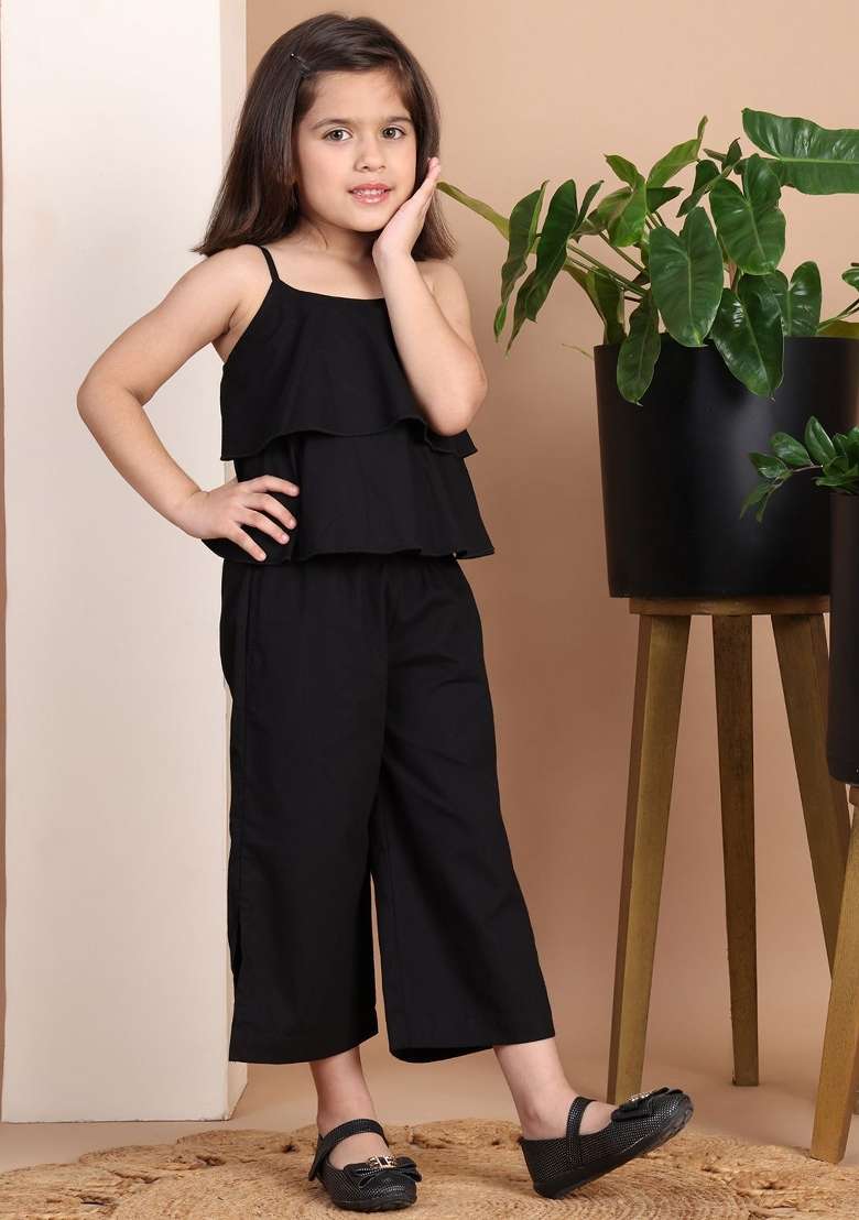 Black Solid Cotton Co Ords Set For Girls - Indya