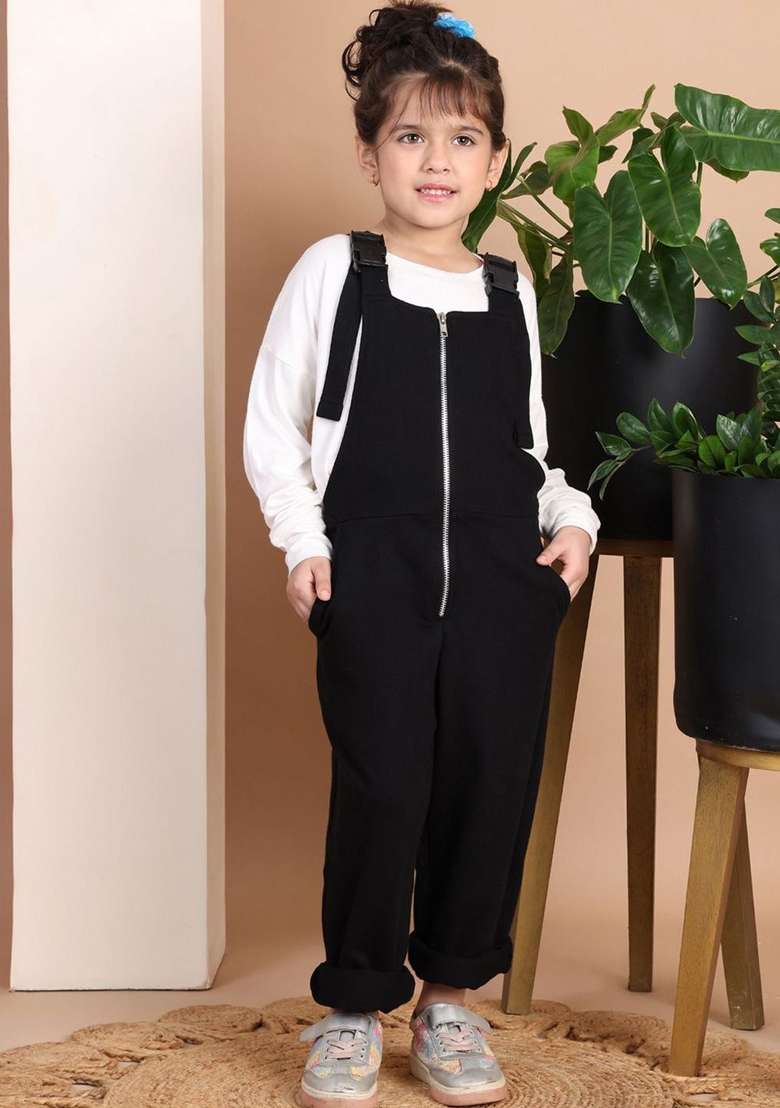 Black Solid Cotton Co Ords Set For Girls - Indya