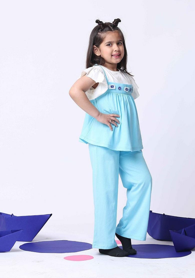 Blue Solid Cotton Co Ords Set For Girls - Indya