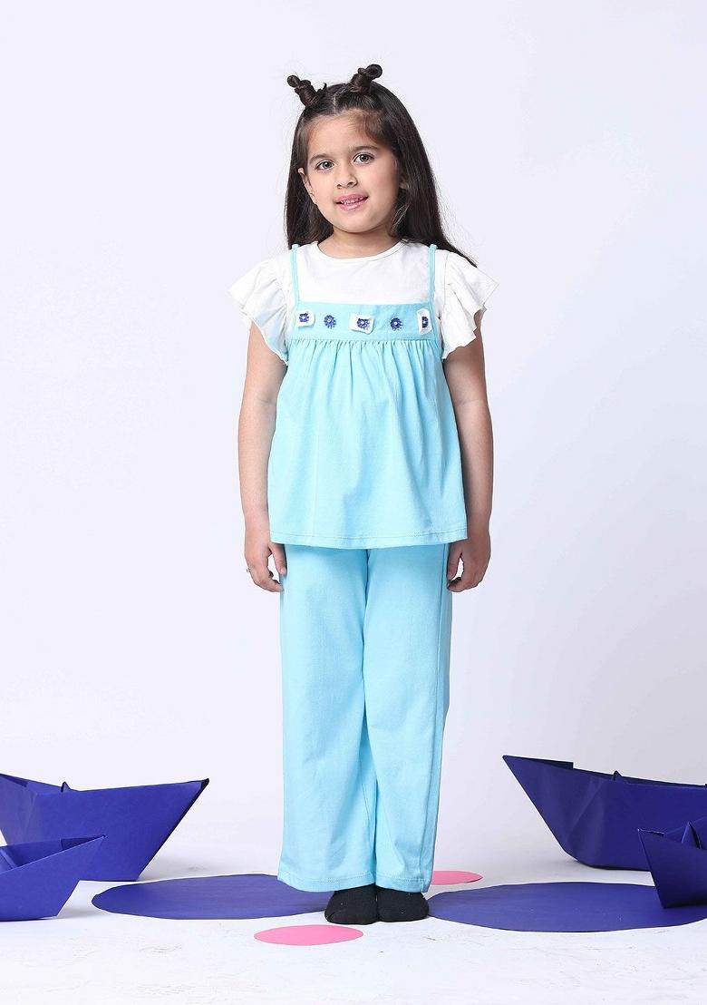 Blue Solid Cotton Co Ords Set For Girls - Indya