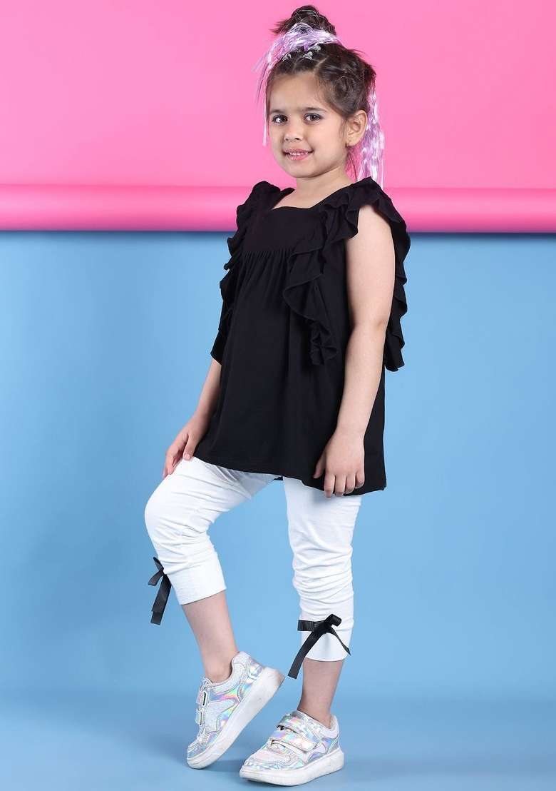 Black Solid Viscose Co Ords Set For Girls - Indya