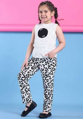 Off White Printed Cotton Co Ords Set For Girls