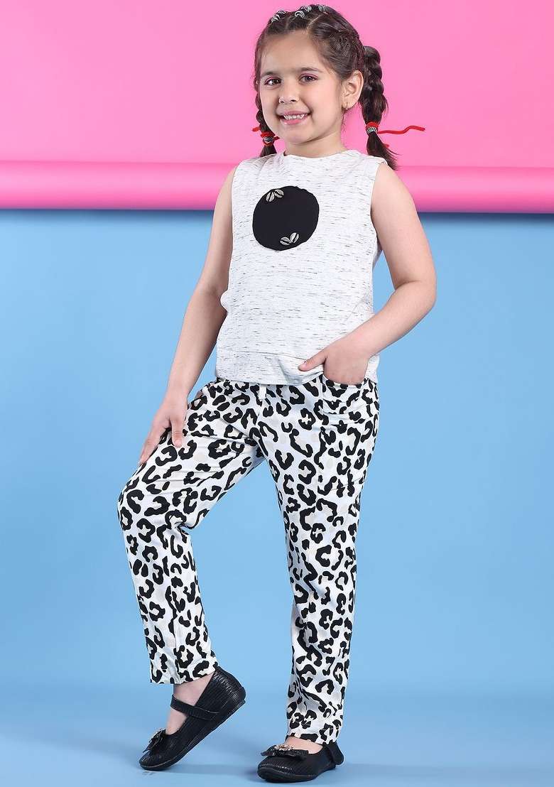 Off White Printed Cotton Co Ords Set For Girls - Indya