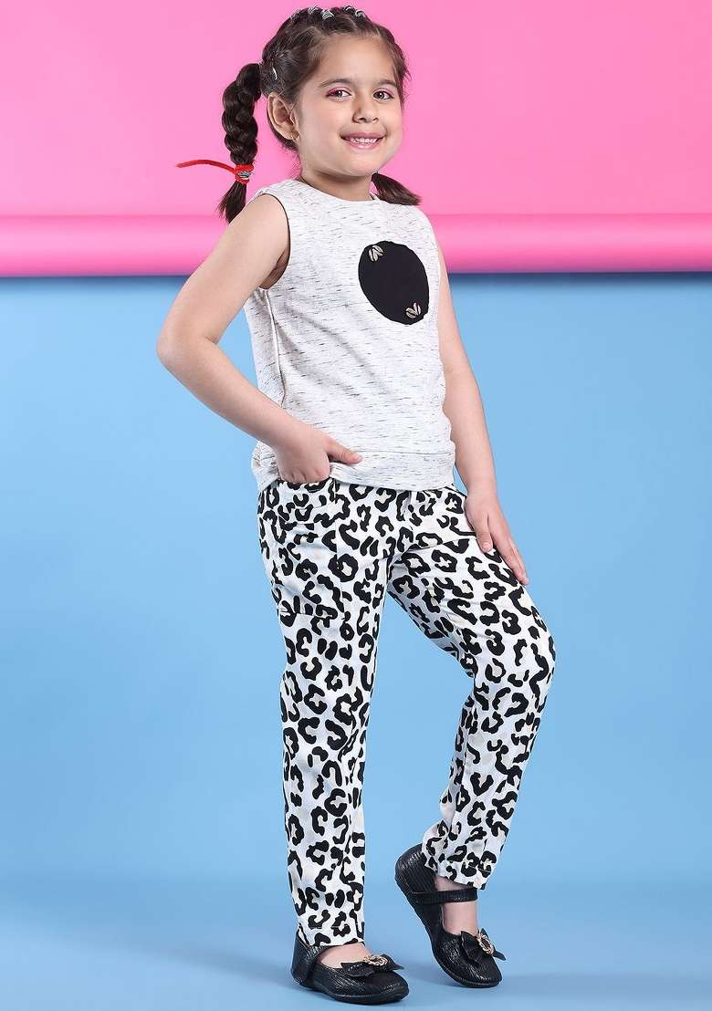 Off White Printed Cotton Co Ords Set For Girls - Indya