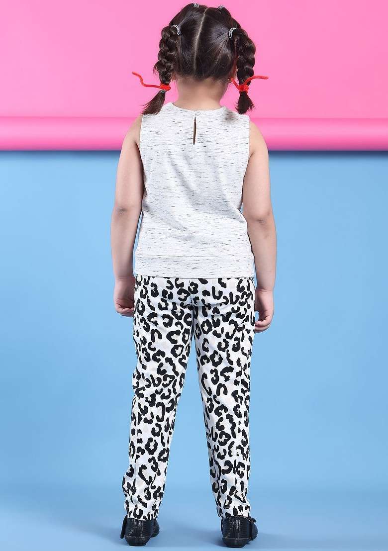 Off White Printed Cotton Co Ords Set For Girls - Indya