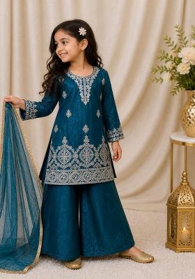 Teal Blue Embroidery Silk Palazzo Set For Girls