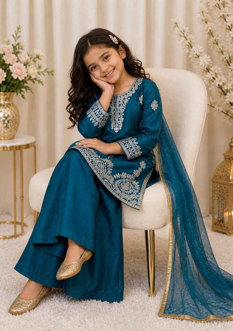Teal Blue Embroidery Silk Palazzo Set For Girls - Indya
