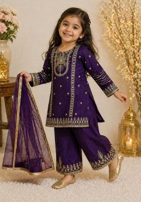 Dark Purple Embroidery Silk Palazzo Set For Girls