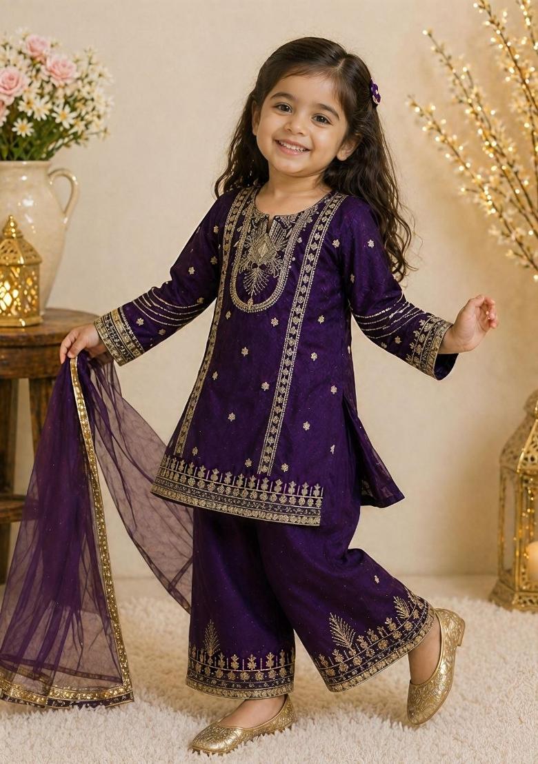 Dark Purple Embroidery Silk Palazzo Set For Girls - Indya