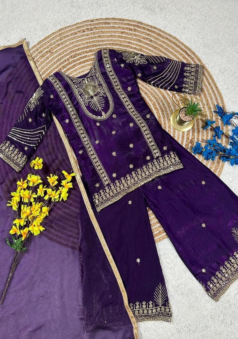 Dark Purple Embroidery Silk Palazzo Set For Girls - Indya