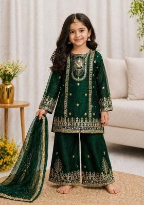 Dark Green Embroidery Silk Palazzo Set For Girls