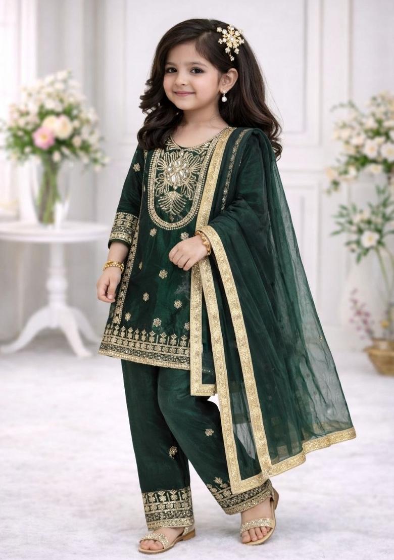 Dark Green Embroidery Silk Palazzo Set For Girls - Indya