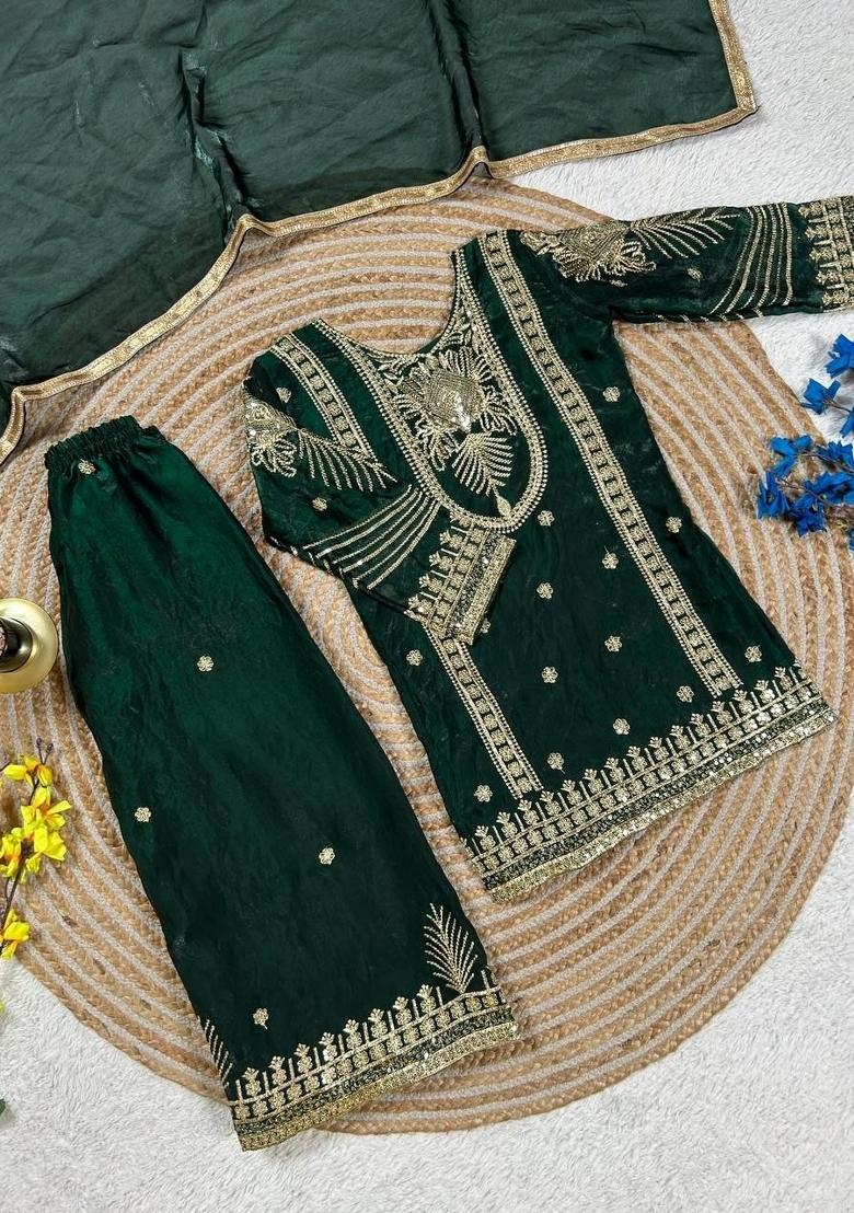 Dark Green Embroidery Silk Palazzo Set For Girls - Indya