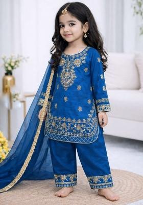 Blue Embroidery Silk Palazzo Set For Girls