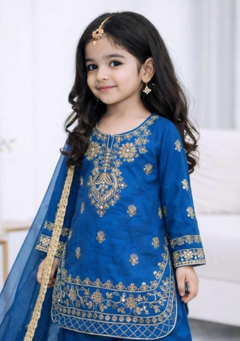 Blue Embroidery Silk Palazzo Set For Girls - Indya