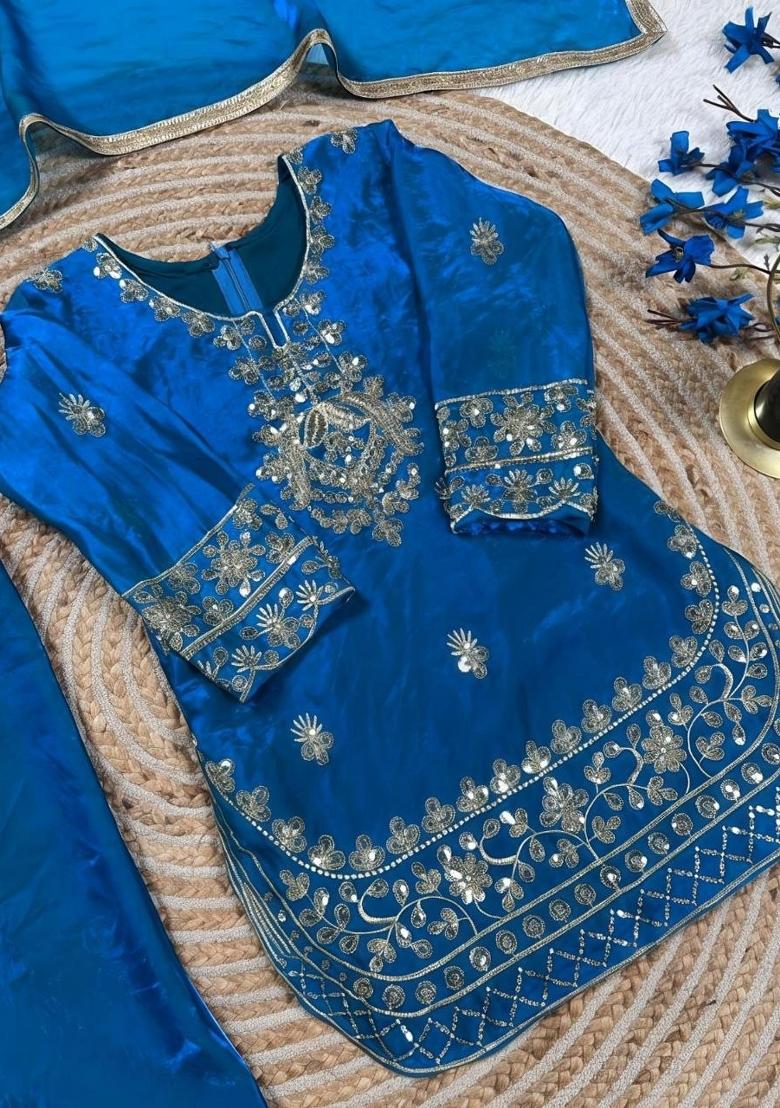 Blue Embroidery Silk Palazzo Set For Girls - Indya